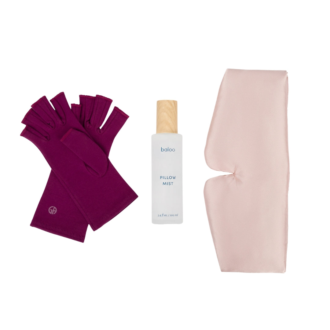 Plum Purple Compression Gloves, Baloo Living Pillow Mist, and Silky Soft Eye Mask Flatlay