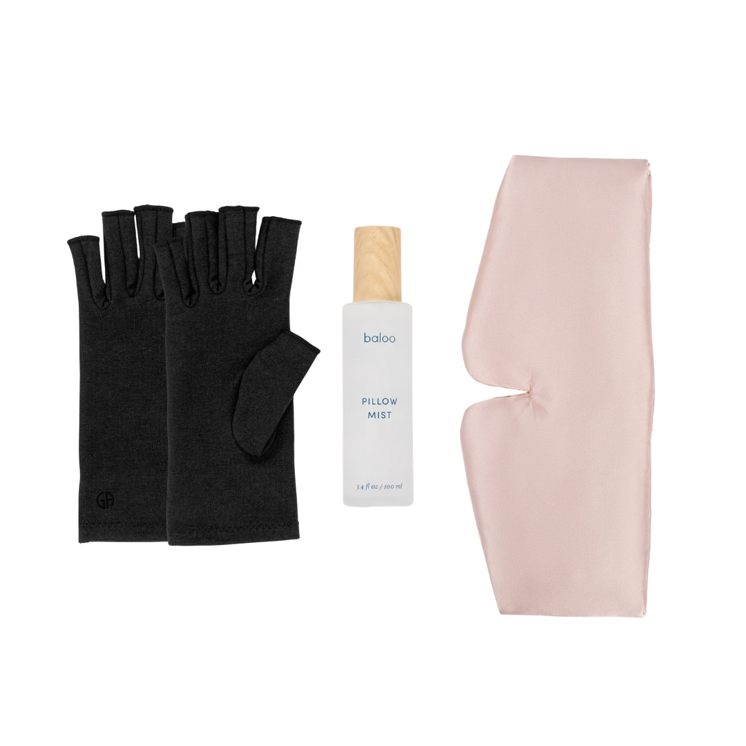 Classic Black Compression Gloves, Baloo Living Pillow Mist, and Silky Soft Eye Mask Flatlay