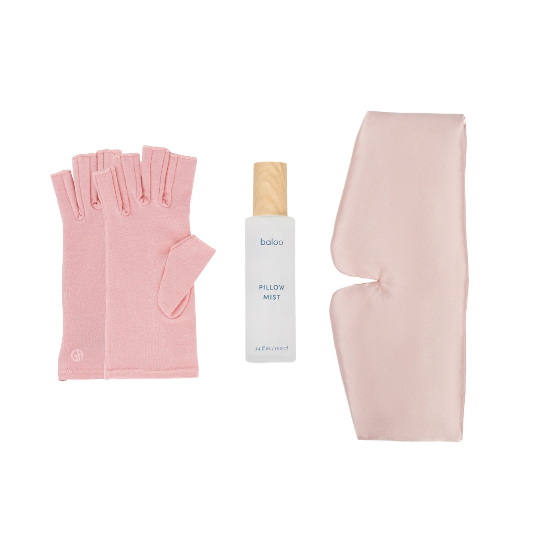 Ballet Pink Compression Gloves, Baloo Living Pillow Mist, and Silky Soft Eye Mask Flatlay