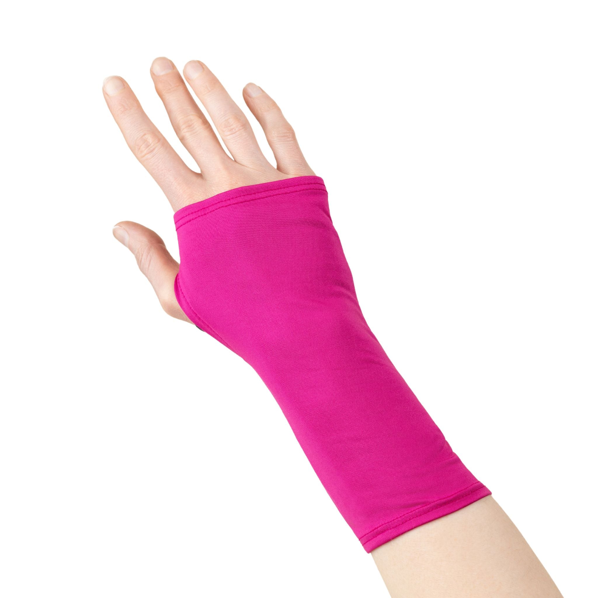 A fuchsia pink wrist brace cover, worn on the hand, with an opening for the thumb and fingers exposed.