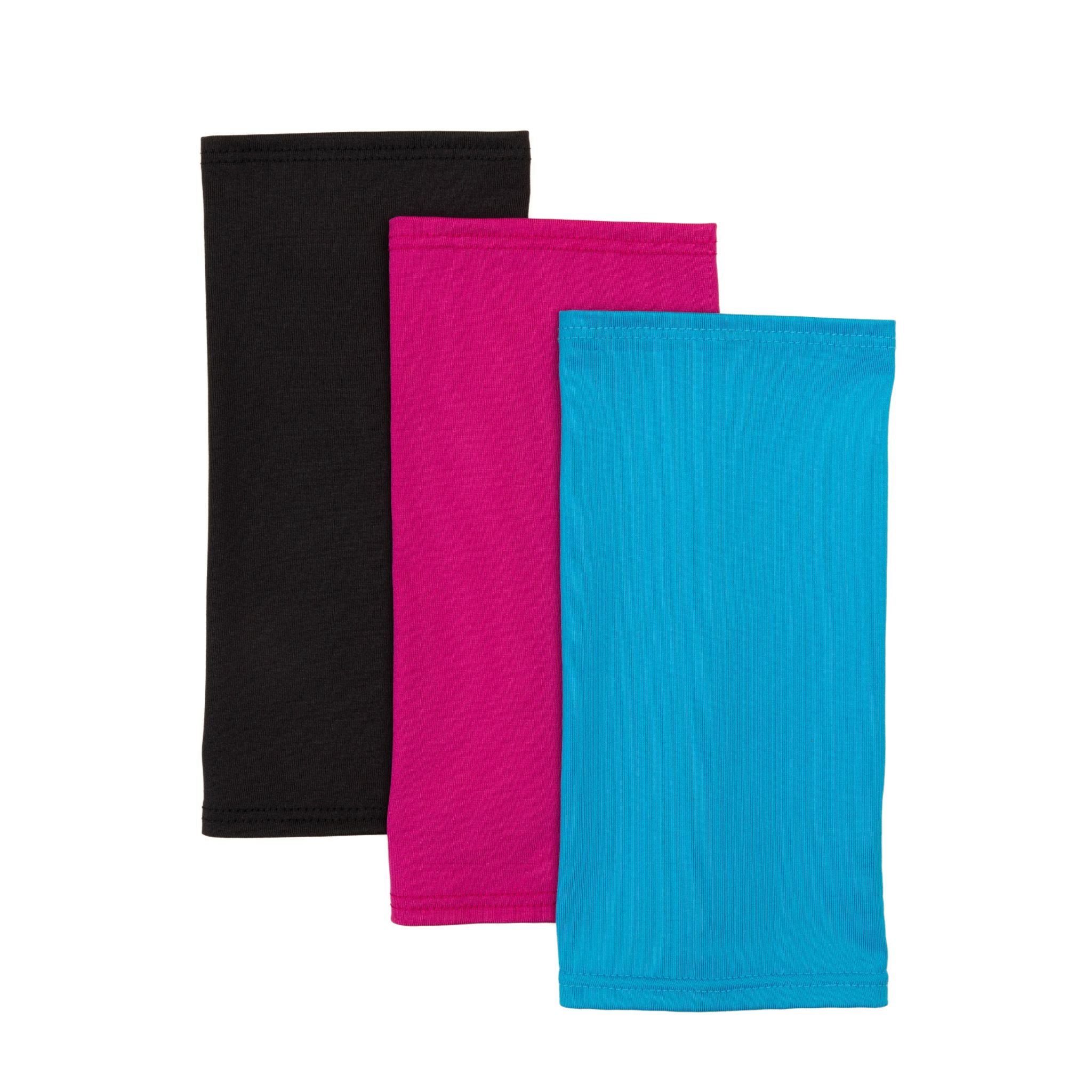 Three colors of wrist brace covers in a vertical arrangement. Colors from left to right are Inky Black, Fushsia Pink, and Summer Blue.