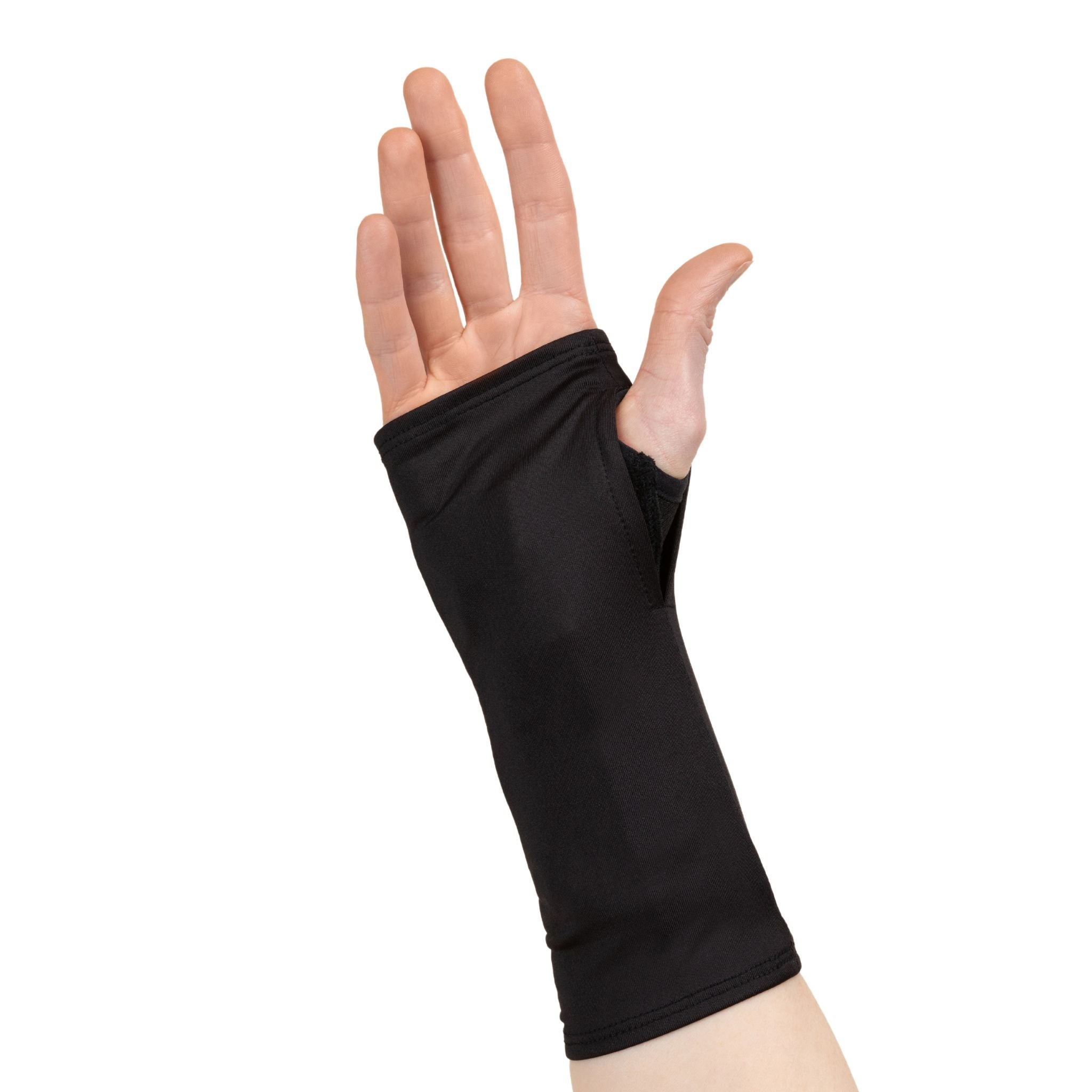 An Inky Black wrist brace cover, worn on the hand, with an opening for the thumb and fingers exposed.