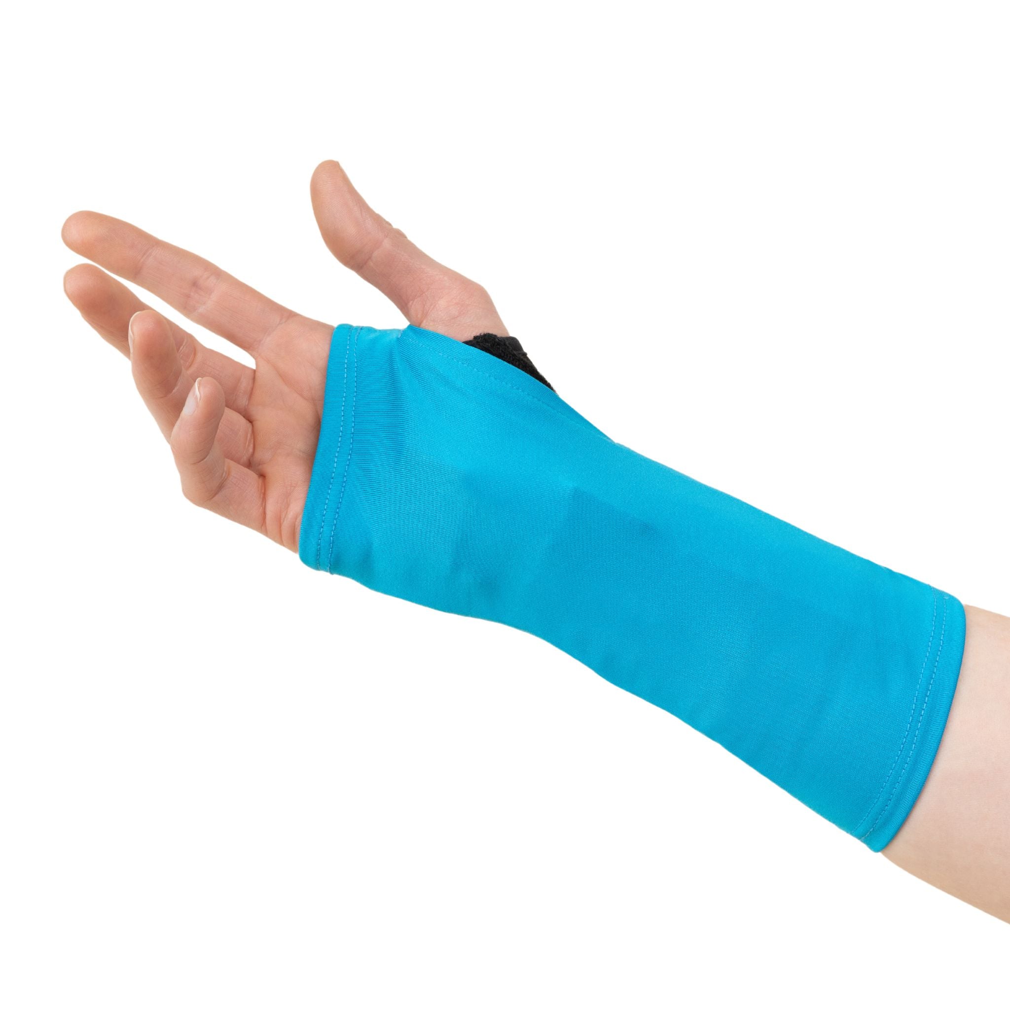 A Summer Blue wrist brace cover, worn on the hand, with an opening for the thumb and fingers exposed.