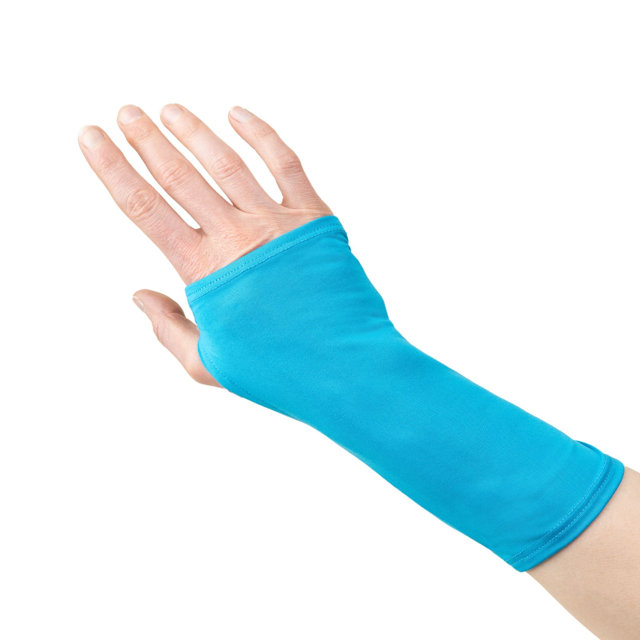 A summer blue wrist brace cover, worn on the hand, with an opening for the thumb and fingers exposed.