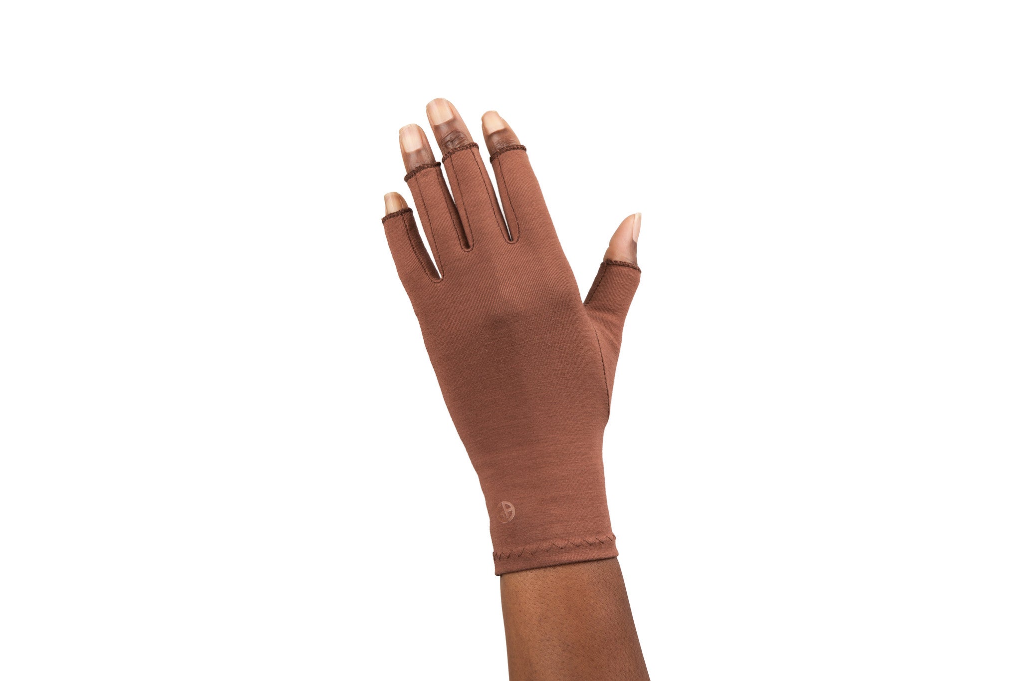 Cocoa Brown Compression Gloves on a woman's hand showing the back of her hand